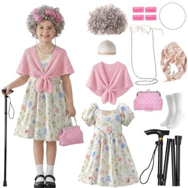 Imagem de Forfamy Fantasia De Velha Senhora Para Crianças 10 Peças 100 100º Dias De Aula Fantasia Vestir Meninas Vovó Vovó Cosplay Roupas (Flor, Grande)