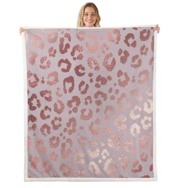Imagem de Cobertor de lã de ovelha com estampa de guepardo, manta de lantejoulas de leopardo em ouro rosa, tamanho bebê, safári, animal, para acampamento, viagem, ultra macio, aconchegante, durável, rosa