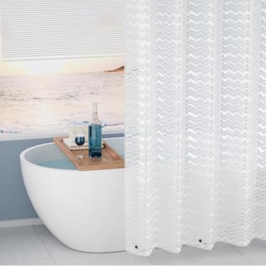 Imagem de Seenus Cortina de chuveiro listrada branca PEVA impermeável extralonga 183 x 198 cm, forro de cortina de chuveiro fosco 3D com 3 ímãs ponderados, cortina de chuveiro de plástico semitransparente leve