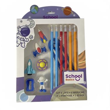 Imagem de Kit Escolar Space 6 Lápis 5 Borrachas Régua Apontador School Basics Tema Espacial