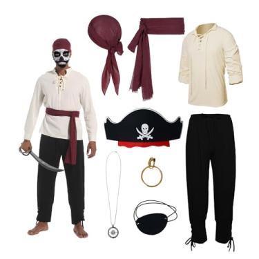 Imagem de YRTBGD Traje de pirata masculino roupas medievais masculinas com camisa medieval calças homens piratas bandana cinto tapa-olho colar brincos para carnaval de Halloween (preto, G)