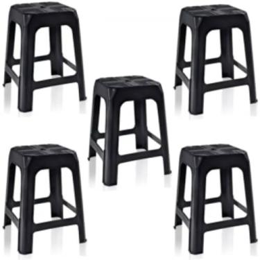 Imagem de Kit 5 Banquetas de Plástico Preta Banquinho Empilhável