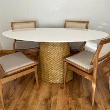 Imagem de Mesa De Jantar Cone Oval 140x90 cm Tampo Laca Branca Base Fibra Natura