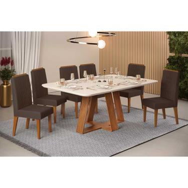 Imagem de Conjunto: Mesa Sala Jantar Celeste c/ Tampo Madeirado c/ Vidro Curvo 160x90cm e 6 Cadeiras Lia Freijo/Off White - Suede Moca - DJ Móveis