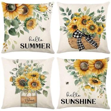 Imagem de Conjunto de fronhas de linho floral de girassol 45x45cm (conjunto de 4