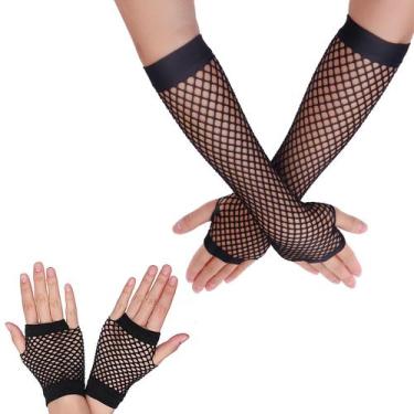 Imagem de Luvas Fishnet Yolev Fingerless, longas e curtas, de nylon preto