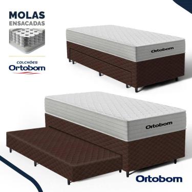 Imagem de Cama Box com Colchão de Molas Ensacadas Ortobom One Face Plenno + Auxiliar de Espuma Solteiro 88 cm
