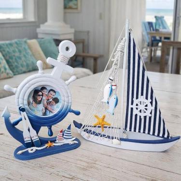 Imagem de Porta Retrato E Barco Náutico Decoração Casa Praia Kit 2pçs - Genérico