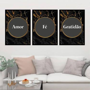 Imagem de Kit 3 Quadros Decorativos Amor, Fé, Gratidão - Preto/Dourado
