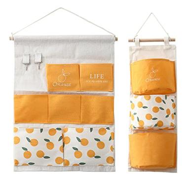 Imagem de 2 pacotes de bolsos de armazenamento sobre a porta, bolsas de armazenamento suspensas, organizador de linho e algodão, armário de porta de parede, 7 e 3 bolsos, organizador de casa para quarto e banheiro (laranjas)