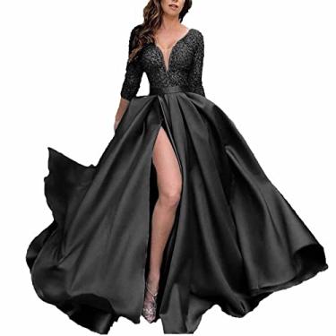 Imagem de Vestido de baile feminino elegante manga longa ocasião formal vestido de noite decote em V franzido colado ao corpo vestido maxi coquetel, preto, MBusto: 96 cm
