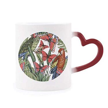 Imagem de Caneca de flor com folha de pássaro branco borboleta sensível ao calor copo de grés que muda de cor vermelha