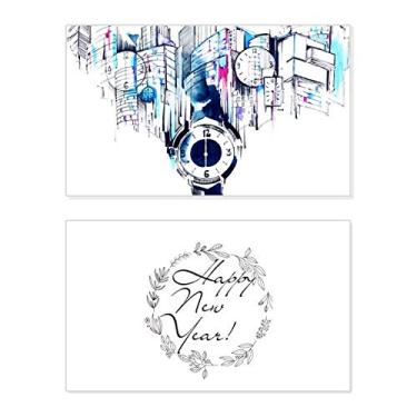 Imagem de Relógio de construção moderno em aquarela de ano novo festival cartão felicitações Bless mensagem presente