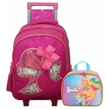 Imagem de Mochila Escolar Infantil Com Rodinha G Rosa Kit Mochila Boneca Laço 3D Meninas Rodinhas Impermeável Lancheira Térmica