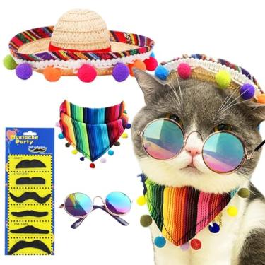 Imagem de GallaRato Fantasia de animal de estimação mexicana, multicolorida, cinco de maio, bandana de gato, 9 peças, babador de cachorro mexicano, bandana mexicana, óculos de sol, chapéu sombrero para cães e