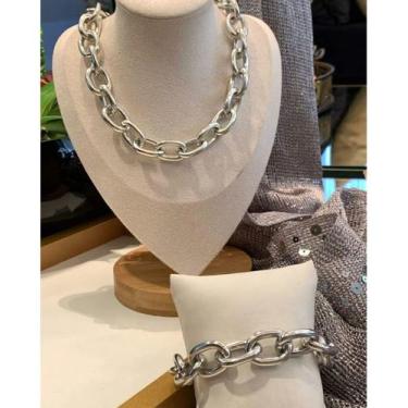 Imagem de Kit Conjunto Colar e Pulseira Corrente Elo Grosso Folheado Ouro 18k Do
