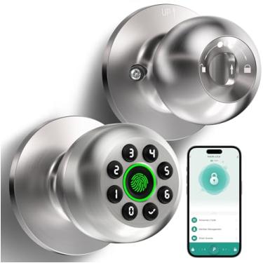 Imagem de Fechadura de porta com impressão digital, maçaneta de porta inteligente com teclado, fechadura biométrica com controle de aplicativo, trava automática com código, maçaneta sem chave com trava para