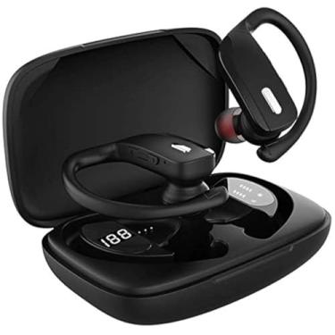 Imagem de Fones de ouvido Bluetooth sem fio, fones de ouvido esportivos BD&M com visor LED TWS estéreo graves profundos com ganchos à prova d'água intra-auriculares com microfone embutido para corrida e treino – Preto