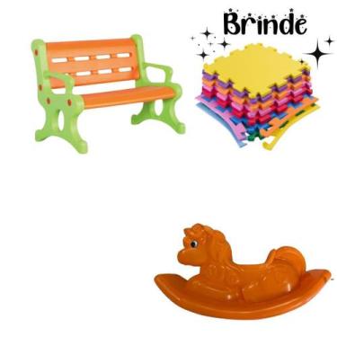 Imagem de Banco Plástico + Unicórnio + Tatames  Playground Completo para Criança