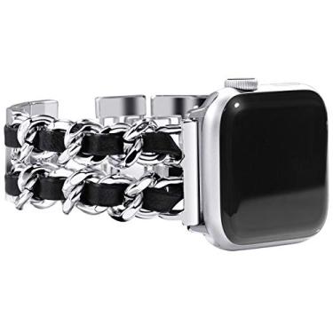 Imagem de NewWays Pulseira feminina compatível com Apple Watch Series 8 Series 7 de 41 mm e 40 mm SE Series 6, 5, 4 3, 3 de 38 mm, pulseira prata com couro preto