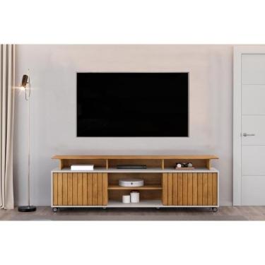 Imagem de Rack Bancada Para Tv Até 70 Polegadas Olimpic Ripado Com Nichos E Rodizios 180x60cm Cedro-bali - Dj Móveis