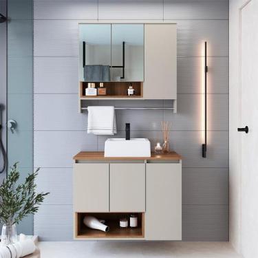 Imagem de Conjunto de Gabinete com Cuba Branca e Armário de Banheiro com Espelho