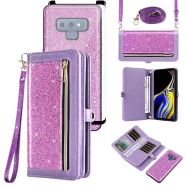 Imagem de Asuwish Capa de telefone para Samsung Galaxy Note 9 carteira com zíper destacável capa celular com protetor de tela de vidro temperado alça transversal cordão brilhante flip porta-cartões Note9 Not S9
