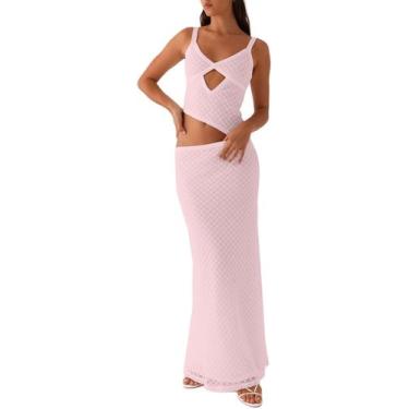 Imagem de Vestido maxi YOENAESGI feminino Y2k com alça espaguete de malha rosa