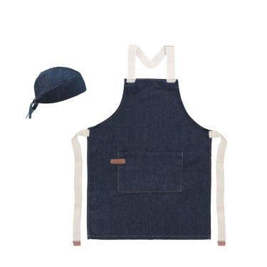 Imagem de Avental Jeans e Bandana Azul Algodao Cafeteria Bar Cozinha