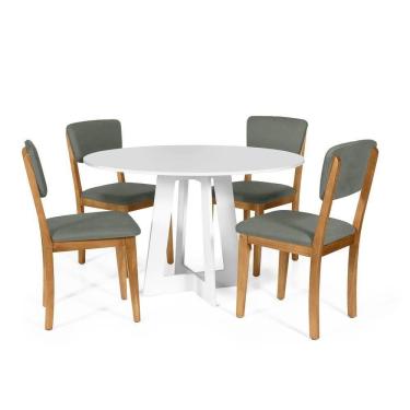 Imagem de Mesa De Jantar Redonda Montreal Branca Com 4 Cadeiras Estofadas Ella Cinza