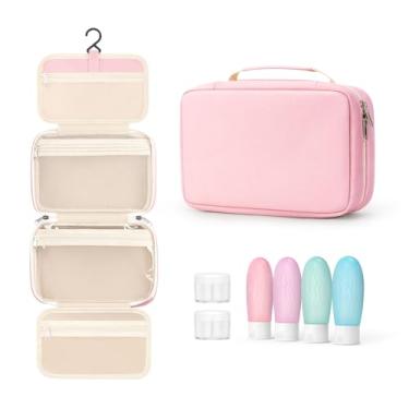 Imagem de YINKECASE Bolsa de higiene para mulheres com conjunto de recipientes de tamanho de viagem, bolsa de higiene para pendurar para produtos de higiene pessoal de tamanho completo, cuidados com a pele