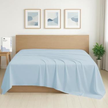 Imagem de Mayfair Linen Lençol Queen 100% algodão orgânico percal - 1 lençol de cima, azul claro - roupa de cama nítida, fresca e forte, lençóis de cima para quem dorme quente, lençóis de luxo respiráveis com