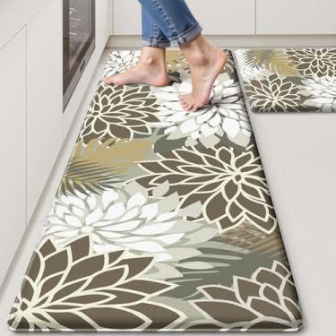 Imagem de Arenarug Daliha Tapetes de cozinha para chão, 2 peças, acolchoados, antifadiga, tapetes de cozinha, impermeável, antiderrapante, marrom, branco
