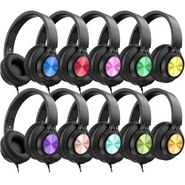 Imagem de AILIHEN Fones de ouvido com fio, pacote com 10 unidades, para estudantes escolares, crianças, sala de aula, ajustável, dobrável, fones de ouvido over-ear (cor clara)