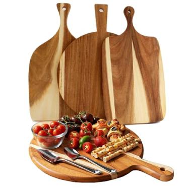 Imagem de Pacote com 3 tábuas de corte de madeira de acácia com alça, tábua de charcutaria de madeira, bandeja de servir alimentos para queijo, pizza, carne, frutas, pão