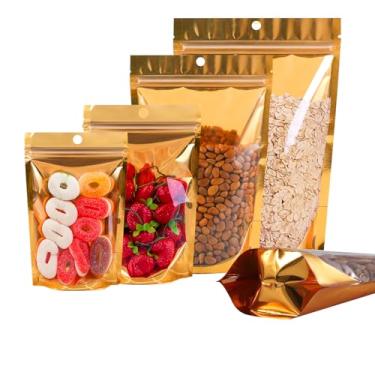 Imagem de 100 sacos Mylar sacos de armazenamento de alimentos, sacos de alumínio resseláveis, bolsa à prova de cheiro, com janela frontal transparente, bolsa de embalagem reutilizável com zíper para lanches de