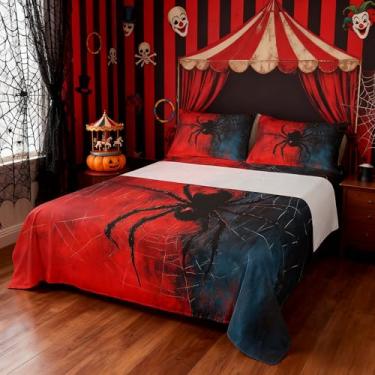 Imagem de Jogo de lençol Queen de aranha preta, teia de aranha aracnídea, inseto aracnídeo, decoração de quarto de meninos, meninas, mulheres, homens, gótico, Halloween, retrô, vermelho, 4 peças (elástico +