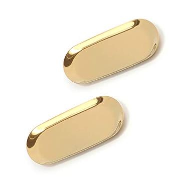 Imagem de Pacote com 2 bandejas de armazenamento de aço inoxidável de 18 cm, placa organizadora de metal premium para guardar frutas, chá, cosméticos, joias, bandeja de toalha oval de aço inoxidável para penteadeira, banheiro, armários (ouro)
