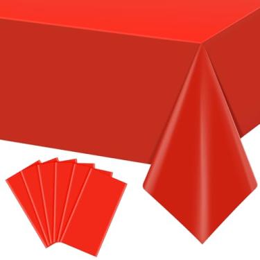 Imagem de YIDAKO 6 peças de toalhas de mesa retangulares vermelhas, toalha de mesa de plástico descartável, capa de mesa vermelha à prova d'água para formatura, aniversários, casamentos, festas de aniversário