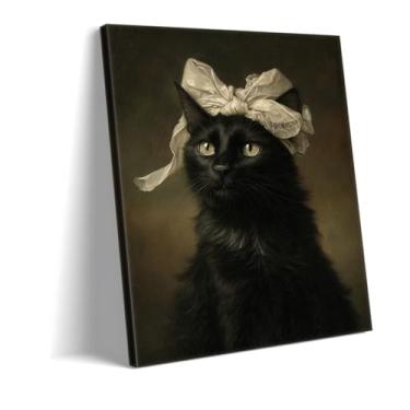 Imagem de Impressão artística em tela de gato preto real - Retrato de animal em estilo renascentista em tela, decoração de parede engraçada Dark Academia para escritório em casa, presente maximalista exclusivo