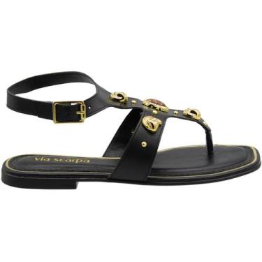 Imagem de Sandália Rasteira Via Scarpa Apliques Metálicos Feminina, 38, Preto