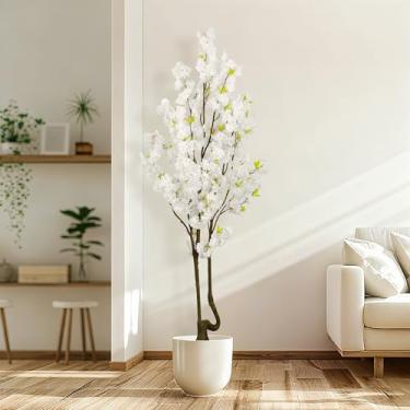 Imagem de Árvore de cerejeira branca sintética com 2,13 m (213 cm) de altura, decoração de interiores, árvore de flor branca falsa natural feita à mão para casamento, planta de cerejeira realista em vaso para