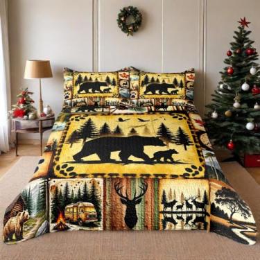 Imagem de WHWODIDE Conjunto de Colcha de Natal Bear Deer King 3 Peças Cabin Farmhouse - Cobertor Leve com Fronhas para Todas as Estações (Floresta, King (228.6 cm x 264.2 cm))