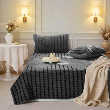 Imagem de Conjunto de colcha de veludo boêmio de luxo com 3 peças, tamanho Queen, leve e decorativo, para todas as estações, cobertor macio com 2 fronhas, cinza escuro