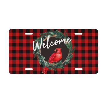 Imagem de UEQIKI Cardinal Christmas Placa de Licença Frontal Xadrez Vermelha para Mulheres Placas Decorativas de Alumínio Metal Bonito Novidade Capa de Placa de Licença para Homens 15 x 30 cm (4 Furos)