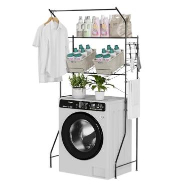 Imagem de Whitmor Prateleiras de lavadora e secadora: Prateleira de secagem de roupa expansível de 2 níveis, prateleira de máquina de lavar de metal com hastes e ganchos, prateleira para economia de espaço de