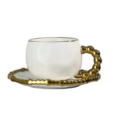 Imagem de Conjunto de canecas fofas para mulheres, conjuntos de pires de xícara com alça de pérola dourada para casamento, Natal, tarde, chá, cafeteria