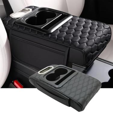 Imagem de Priprilod Almofada preta para apoio de braço para console central de carro, espuma viscoelástica com suporte de copo e suporte de celular, organizador de console central de carro multifuncional