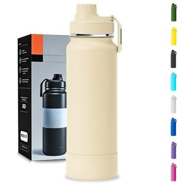 Imagem de Garrafa Térmica 1000ML - Duplamente Isolada, Aço Inox 304, Base Emborrachada Anti Derrapante, Mantém Bebidas Quentes por 12 Horas e Geladas por 24 Horas (Creme Slin)