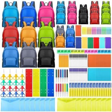 Imagem de Pacote de material escolar com conjunto de mochila, várias cores, inclui cadernos, canetas, lápis, réguas, tesouras (laranja)